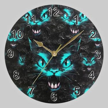 Imagem de CHIFIGNO Relógios de parede redondos de gato preto olho azul, relógio de parede operado por bateria relógio redondo de 25 cm, decoração de parede para cozinha, sala de estar