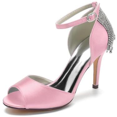 Imagem de GAGALU Sandálias femininas de bico redondo de bico aberto, borla de strass, fileira traseira com botões, sandálias de festa, rosa, 38