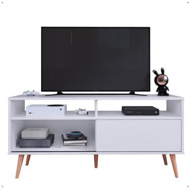 Imagem de Rack Bancada Home Samba Estante Tv 55 Polegadas Nicho Organizador Porta Correr Sala Quarto Pequeno Retrô - Branco - RPM