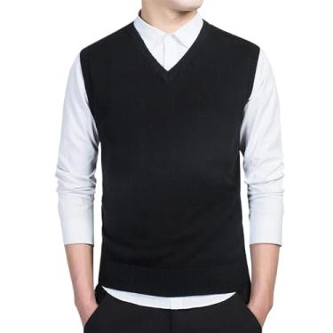 Imagem de Suéter de algodão masculino manga longa cardigã masculino gola V suéter solto sólido botão ajuste tricô estilo casual, Colete preto, G