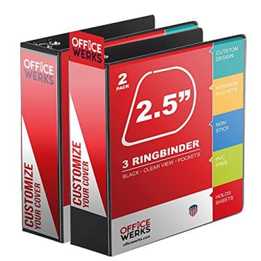 Imagem de Fichário de 3 anéis, fichário de anel D de ângulo profissional, 6 cm, pasta de apresentação para páginas padrão 21 x 28 cm com bolsos, fichário preto com visualização transparente (pacote com 2)