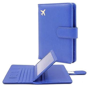 Imagem de Deziliao DE0072 Passaporte com Airtag, porta-passaporte de couro PU com compartimento para cartão de vacina, carteira de passaporte para homens e mulheres, Azul marinho, Minimalista