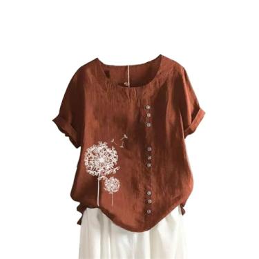 Imagem de Camiseta feminina de linho de verão, estampada, manga curta, gola redonda, botão, túnica folgada, casual, tops, 2 - Marrom, 4XG