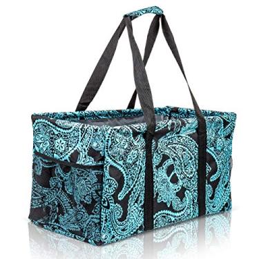 Imagem de Bolsa utilitária extra grande – cesta de lona retangular grande dobrável com dois bolsos externos para praia, piscina, lavanderia, porta-malas, armazenamento – azul Paisley
