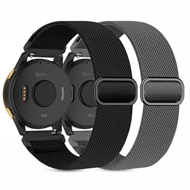 Imagem de Kollody Pacote com 2 pulseiras de relógio de nylon elástico compatíveis com Garmin Vivoactive 5/6/Forerunner 55/165, pulseiras esportivas ajustáveis de tecido elástico macio de 20 mm para Garmin Venu