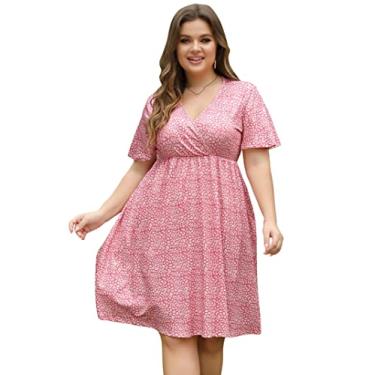 Imagem de Vestido casual plus size feminino decote em V evasê comprimento até o joelho vestido rodado plus size evasê vestido de festa mini vestido, Rosa, XXG