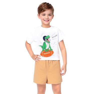 Imagem de Little Bitty Roupas infantis de verão para meninos com estampa de dinossauro, camiseta de manga curta de algodão e bege, conjuntos de 2 a 7 anos, Dinossauro branco futebol americano, 4Y