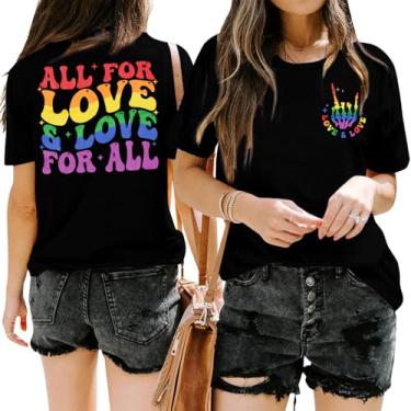 Imagem de Camiseta feminina Pride para mulheres All for Love and Love for All Camiseta LGBT com estampa de letras arco-íris, Preto, XXG