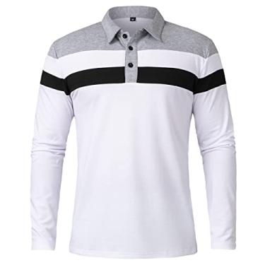 Imagem de NAVEKULL Camisa polo masculina manga longa algodão casual slim fit patchwork colarinho camisa, Branco, P