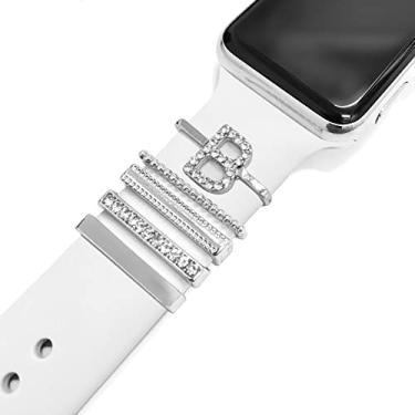 Imagem de 5 pçs amuletos para pulseira de relógio Apple 41 mm 45 mm 40 mm 44 mm feminino, diamante + metal joias anéis decorativos para iWatch série 7 6 5 4 3 se, Galaxy watch 4/clássico, pulseira de couro/silicone acessórios de charme