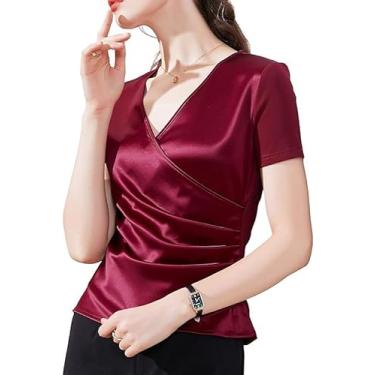 Imagem de Ladies cetim top, cor sólida cruz V-neck camisa de patchwork plissado de manga curta camisa elegante. (BR, Alfa, XGG, Regular, Vermelho)