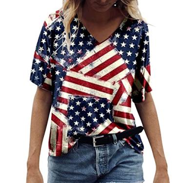 Imagem de Camiseta feminina com bandeira americana para o verão, dia da independência, listras estrelas, memorial Day, blusa de manga curta, Vermelho, P
