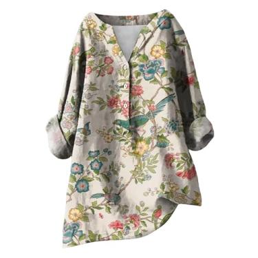 Imagem de Camiseta feminina de linho, estampa floral, gola V, botões, caimento solto, casual, túnica, camisa para sair, Bege, 4G