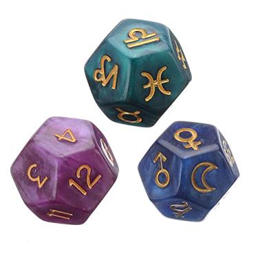 Imagem de 3 dados de constelação, dados de adivinhação, dados astrológicos de 12 lados, dados de tarô de astrologia, dados de jogo de cartas de tarô de adivinhação de constelação, dados astrológicos pérola para jogos de tabuleiro RPG