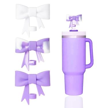 Imagem de YAYAYOUNG 3 peças clássicas de tampas de canudo de laço roxo compatíveis com Stanley 30 e 1,134 g, protetores de tampas de canudos de silicone fofos reutilizáveis para acessórios de copos Stanlesy de