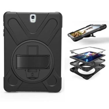 Imagem de Capa de silicone com suporte e alça de pulso giratória segura para crianças capa à prova de choque para Samsung Galaxy Tab S3 SM-T820 T825 9,7 polegadas + caneta (preto)