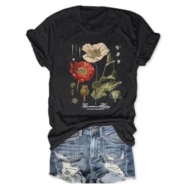 Imagem de Camiseta feminina com estampa de papoula vintage Memorial Day, gola redonda, manga curta, verão, 01ablack, XXG