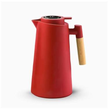 Imagem de Garrafa Térmica Cabo Madeira Display Digital Manutenção Temperatura Ideal 10 Horas Design Elegante Inox Livre BPA Capacidade 1 Litro Tampa Rosca Vermelha