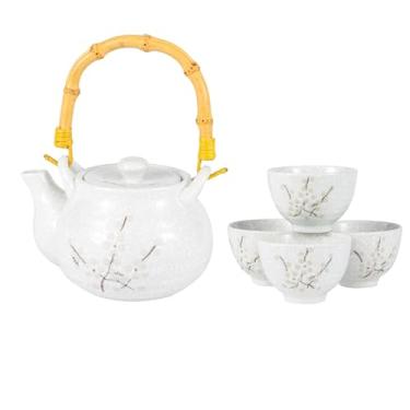 Imagem de Conjunto de chá com design de flor de ameixa japonesa, bule de chá de 798 ml com 4 xícaras, decoração de casa de fusão asiática (branca)