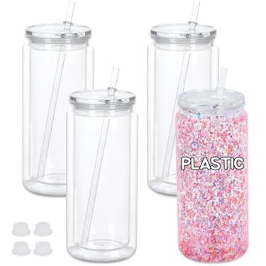 Imagem de Maucircol Copo de globo de neve de plástico de 590 ml, pacote com 4 copos de globo de neve de acrílico pré-perfurado, copo transparente de plástico para globo de neve, com tampa transparente