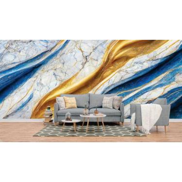 Imagem de Papel de Parede Painel 3D Mármore Branco Azul Dourado 4M Auto Colante 