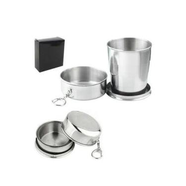 Imagem de Chaveiro Copo Retrátil De Aço Inox 210ml para viagens acampamentos e t