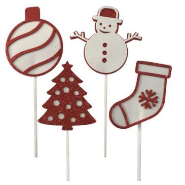 Imagem de Topo Topper de Bolo Boneco de Neve Bola e Árvore de Natal EVA Branco e