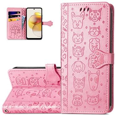Imagem de Monwutong Capa carteira de celular para Motorola Moto G73, capa de couro PU com desenho fofo de gato e cachorro com fecho magnético e slots de cartão de dinheiro capa coldre para Moto G73, CD rosa