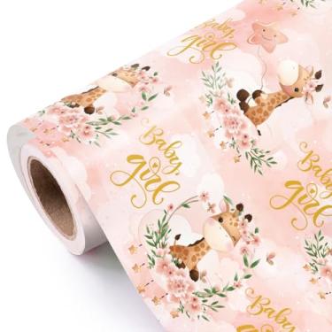 Imagem de WRAPAHOLIC Rolo de papel de embrulho para bebês meninas - Mini rolo - 43 cm x 2,8 m - Design girafa e Baby Girl - Perfeito para chá de bebê, aniversário