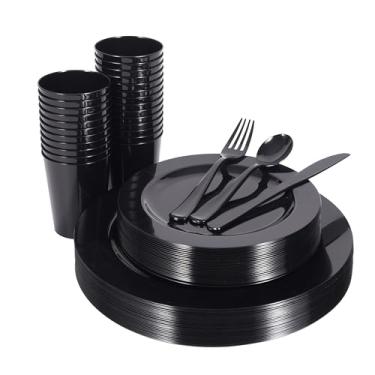 Imagem de Pratos de plástico preto Suprimentos de festa – 150 peças reutilizáveis descartáveis conjuntos de 25 pratos de jantar, 25 pratos de salada ou sobremesa, 25 garfos, 25 colheres, 25 facas, 25 xícaras