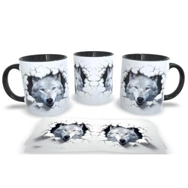Imagem de Caneca Preta de Porcelana Personalizadas Arte Espelhada em 3D Animais (Lobo)