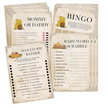 Imagem de 50 peças de cartões de atividades de chá de bebê Winnie, cartas divertidas de adivinhação, jogos de chá de bebê para meninos e meninas, inclui jogo de bingo Scrabble com palavras de bebê, etc.,