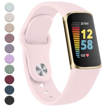 Imagem de Meliya Pulseira de substituição para Fitbit Charge 5 masculina e feminina, de silicone macio, impermeável, para Fitbit Charge 5 Advanced Fitness Tracker (areia rosa)