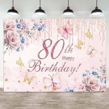 Imagem de ASDCXZ 1,5 x 0,9 m, fundo para fotografia com tema floral rosa, folha de flor, borboleta, mulheres, aniversário de 80 anos, faixa de festa, decoração de bolinhas douradas, para cabine de fotos
