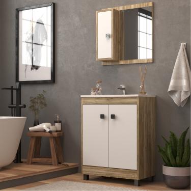 Imagem de Conjunto para Banheiro com Espelho e Cuba 3 Portas Tunísia Móveis Sander - Cartagena/Branco