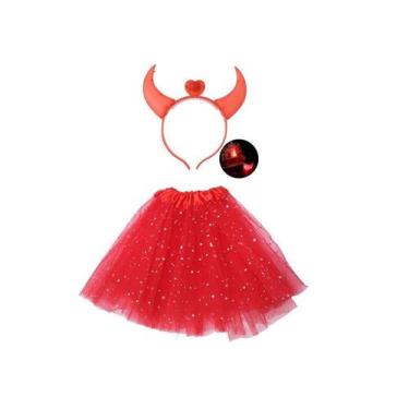 Imagem de Fantasia diabinha infantil saia e tiara led halloween festa - MC Prese