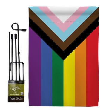 Imagem de Bandeira do jardim do orgulho progresso - conjunto com suporte arco-íris amor LGBT transgênero pansexual gay bissexual - banner para decoração de casa pequeno presente frente e verso feito nos EUA 38 x 45