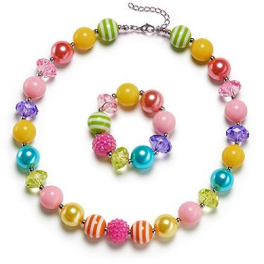 Imagem de VCMART Rose Girls Cute Chunky Bubblegum conjunto de colar e pulseira para meninas presente dia de aniversário arco-íris amuleto gota ametista pingente colar pulseira, Resina, Sem Pedra Preciosa