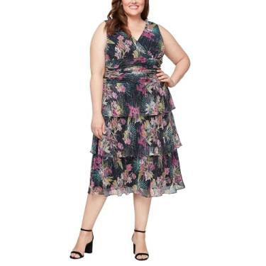 Imagem de S.L. Fashions Vestido feminino plus size midi estampado sem mangas com cintura franzida e saia em camadas, Blk Multi, 52