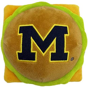 Imagem de NCAA Michigan Wolverines Cheese Burger Brinquedo de pelúcia para cães e gatos – Brinquedo de pelúcia HAMBERGER para cães e gatos com um belo nome/logotipo do time de futebol e basquete