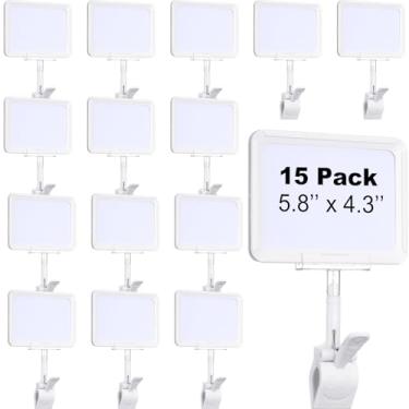 Imagem de SATINIOR Conjunto de 15 suportes de placa de acrílico com grampo, clipes de exibição de cabeça dupla de 15 x 23 cm com protetor de cartão de PVC, clipe de etiqueta de preço de sinal giratório,