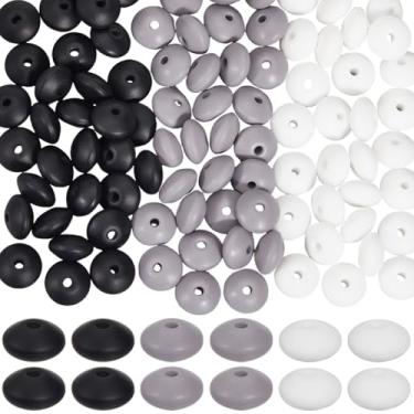 Imagem de SUNNYCLUE 120 peças de contas de silicone de abaco de 12 mm contas de silicone de abaco pequenas puras preto branco cinza planar espaçador solto atacado contas de lentilha para canetas, chaveiros com