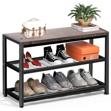 Imagem de Banco Sapateira Metal e Madeira - Sapateira Organizadora para Hall de Entrada com Assento de Madeira e Capacidade de Peso de 100 kg