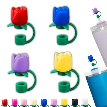 Imagem de LONPARRY Pacote com 4 tampas de palha rosa para Stanley Cup, capa de canudo de silicone serve para canudos Stanley de 0,4 polegadas, topos de palha reutilizáveis para acessórios Stanley Cup, presente