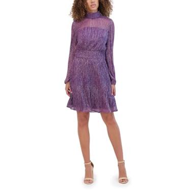 Imagem de kensie Vestido feminino justo e flare de malha brilhante gola alta manga longa, Íris, 42