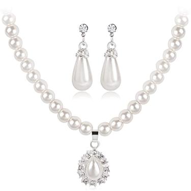 Imagem de Wekicici Conjunto de pulseira de brincos de colar de noiva conjunto de casamento de pérola marfim lágrima de marfim, colar e brincos de noiva combinando para mulheres, Pedra preciosa