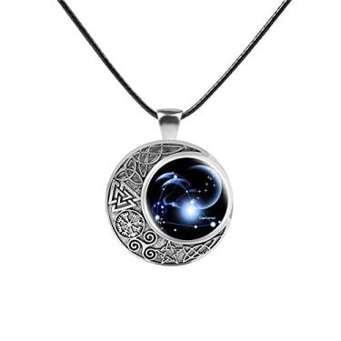 Imagem de Colar de constelação de lua viking para mulheres retro tempo do zodíaco pedra preciosa lua crescente colar com pingente de couro masculino adolescente presente de aniversário joias, Metal Gema, Strass