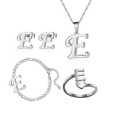 Imagem de Loqimu Pacote com 4 conjuntos de joias iniciais de aço inoxidável para mulheres, anéis de prata, pulseiras, brincos com pingente, colar, gargantilha maiúscula, corrente, brincos de orelha, presente