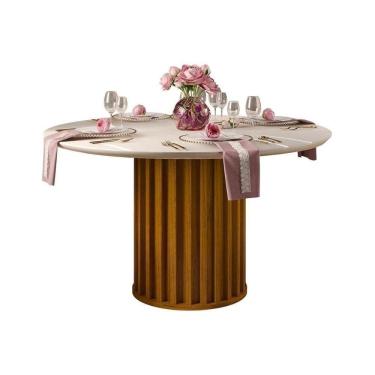 Imagem de Mesa Para Cozinha Viena Com Tampo Madeirado Com Vidro 136cm Freijó Off White Dj Móveis