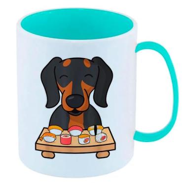 Imagem de Caneca de Polímero Plástico Inquebrável Infantil Azul Tiffany Dachshund Cachorro Sushi Feliz